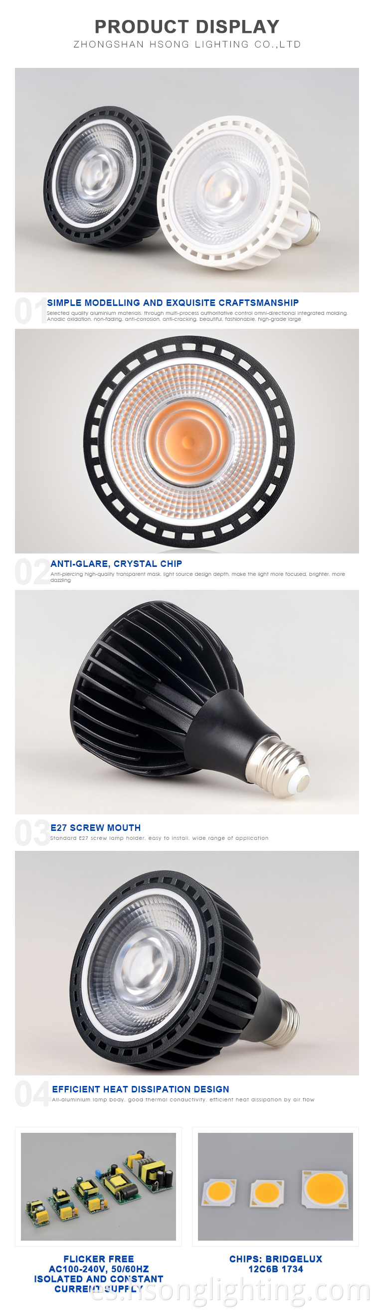 Bulbo de lámpara de luz LED de diseño moderno Bulbo E27 LED de metal CRI90 35W Vatio completo para restaurante